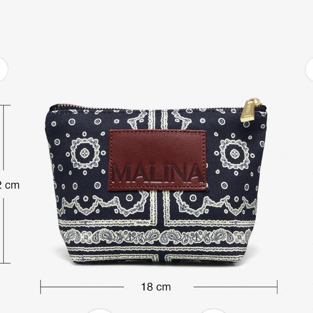 Malina Navy Bandana Print Cosmetic Pouch with Leather Logo